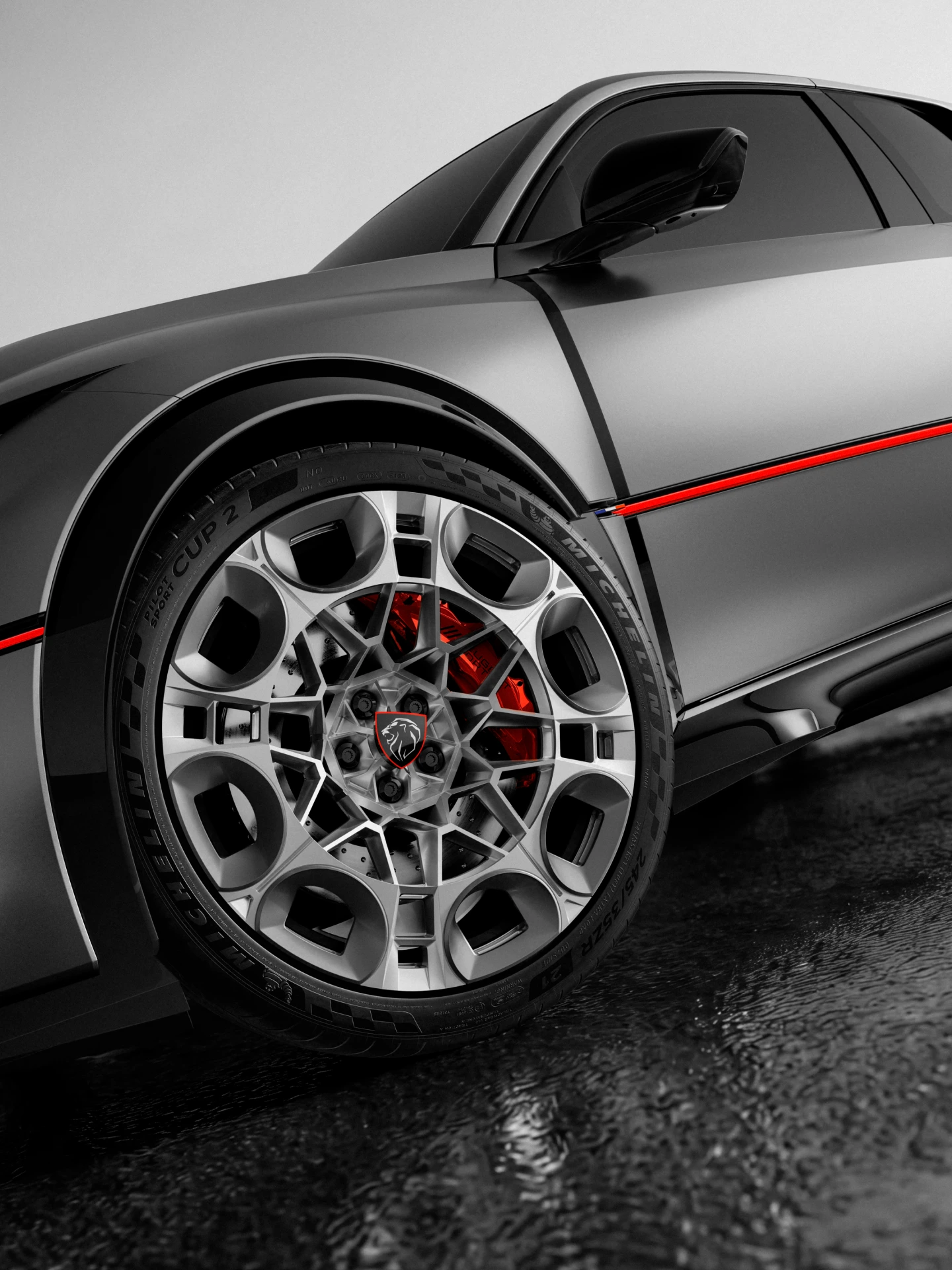 PEUGEOT E-T16 Concept, esterni in Grigio Winchester Opaco con linee rosse