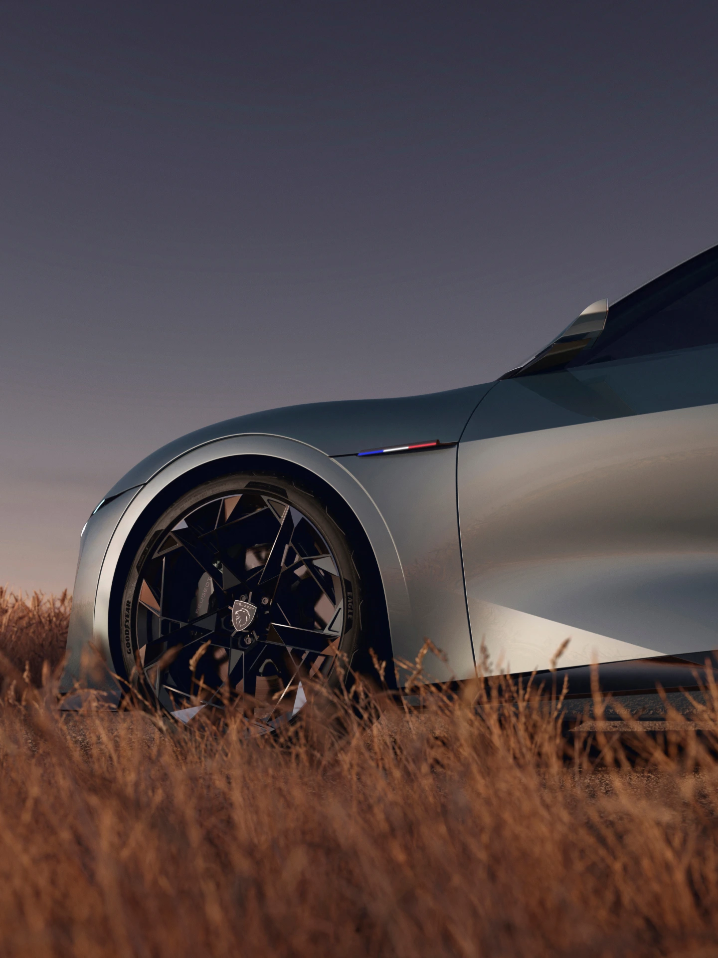 Dettaglio laterale di PEUGEOT RCZ Vision Concept: ruota anteriore, logo e linee scolpite